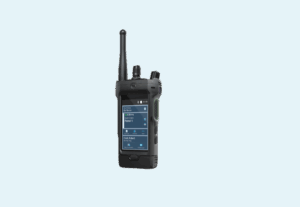 A modern DMR two-way radio device with touchscreen used for professional communication and GPS tracking.